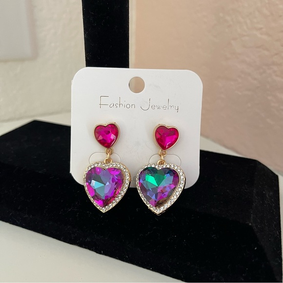 NWT Colorful Heart Shaped Gemstone Drip Dangle Earrings, Valentine’s Day - Picture 4 of 6
